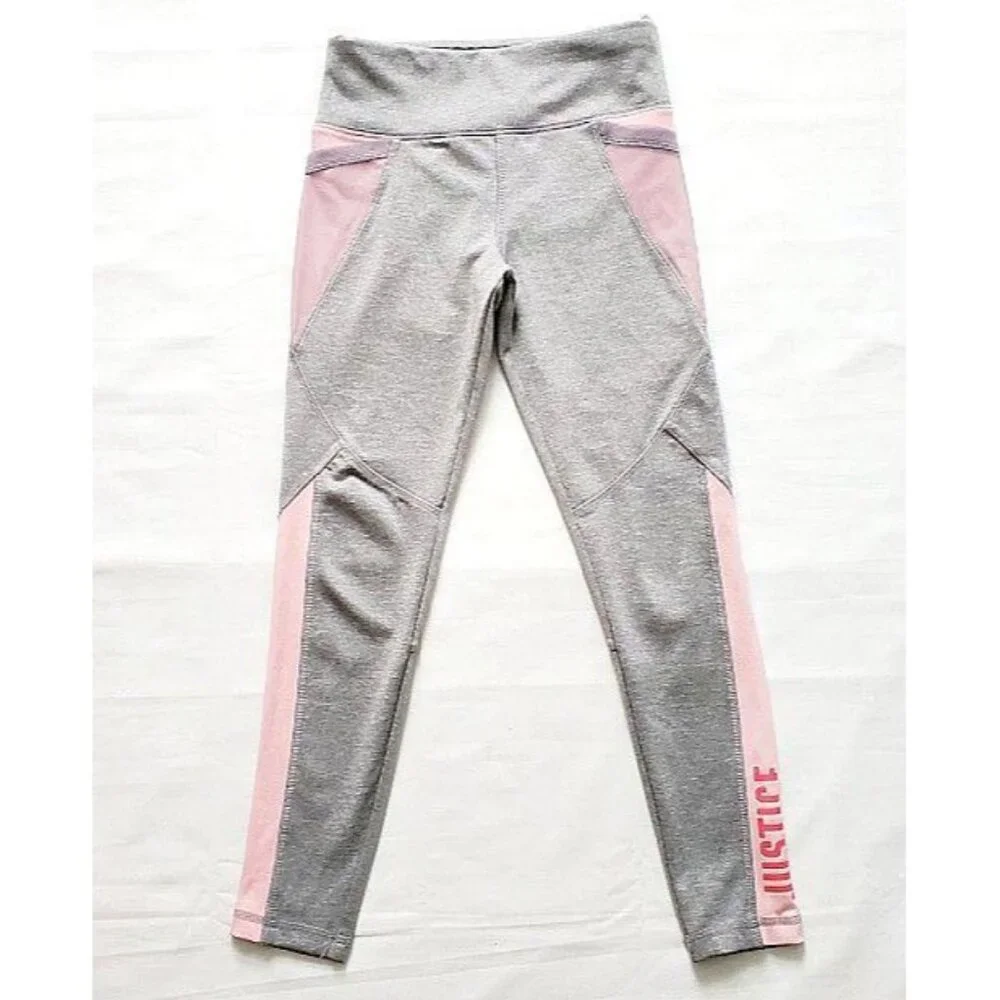Justice Active Kids Yoga Pink Gray Color Mesh Block Leggings Size 8